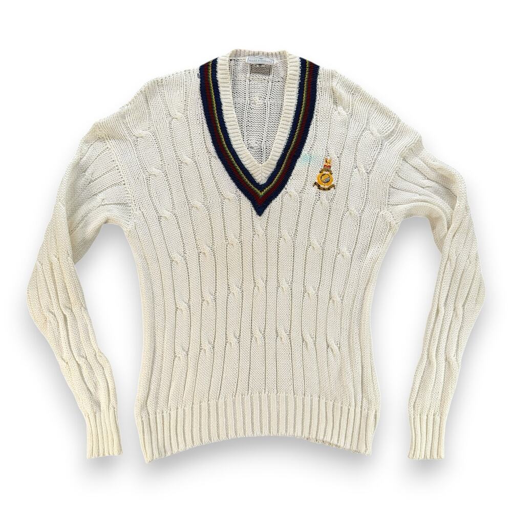 Vintage Kent Curwen Sweater Adult SMALL White Cricket Royal Marines Crest UK 80s